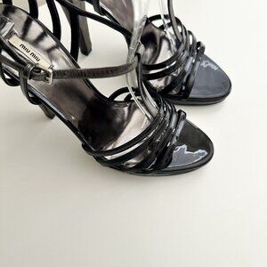 MIU MIU Black/Silver Patent Leather T-Strap Platform Sandals Heels Size 39